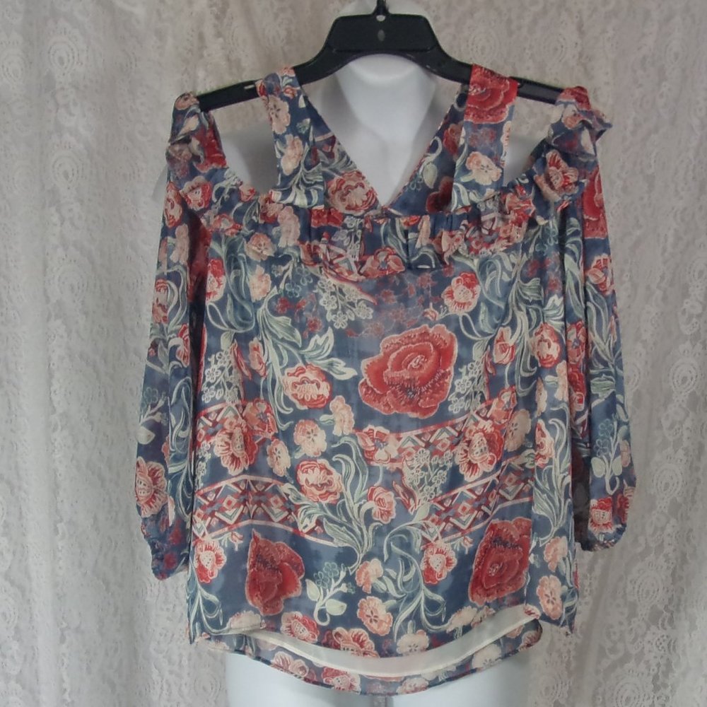 Cold shoulder top Peach Floral Roses Gray Blue Size XL NWT